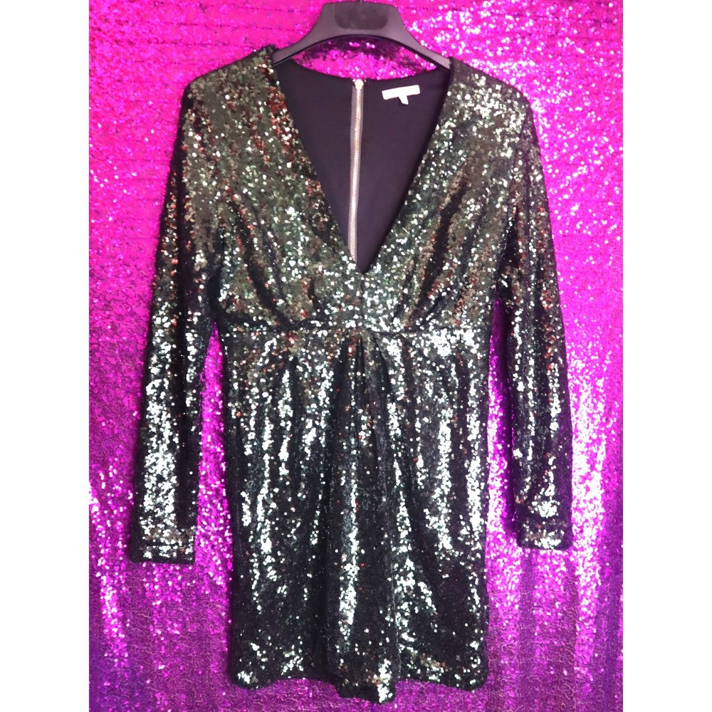 Emerald Green Sequin Dress Large Charlotte Russe Womens V-Neck Mini 4074XX